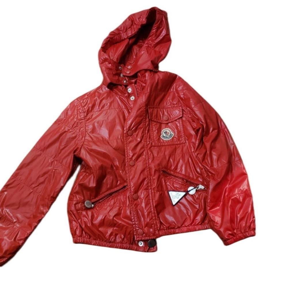 Moncler Red Raincoat with Hood and Zipper Closure